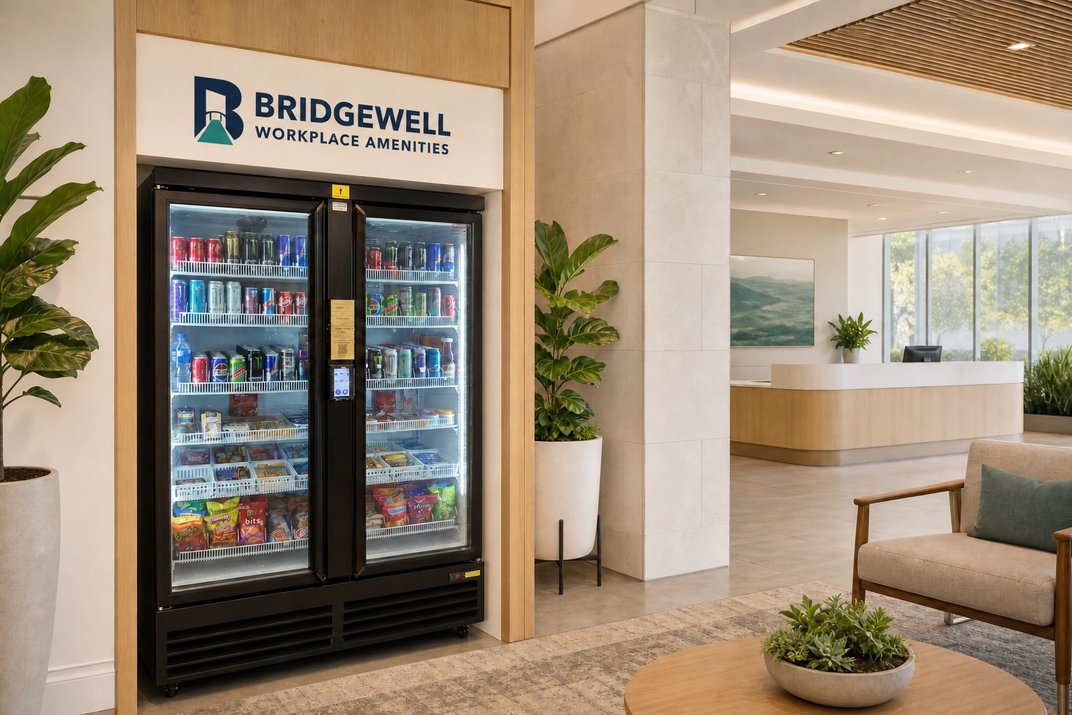 Concept visualization of a Bridgewell smart market in a polished property lobby