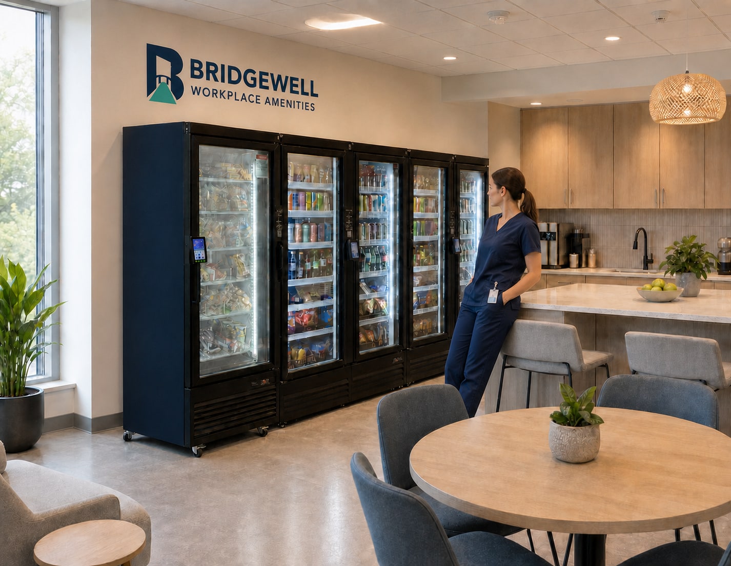Concept visualization of an employee beside a Bridgewell smart market in a shared staff breakroom