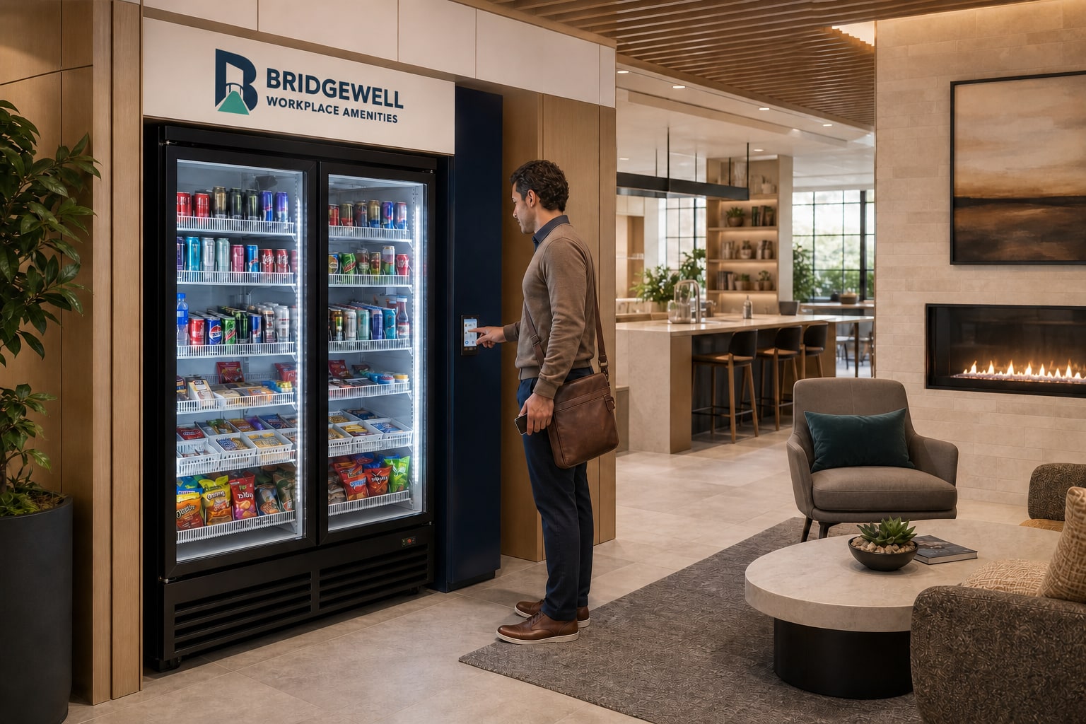 Concept visualization of a visitor using a Bridgewell smart market in a shared amenity space