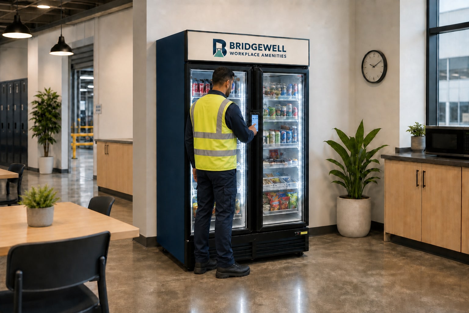 Concept visualization of a worker using a Bridgewell smart market in an industrial breakroom